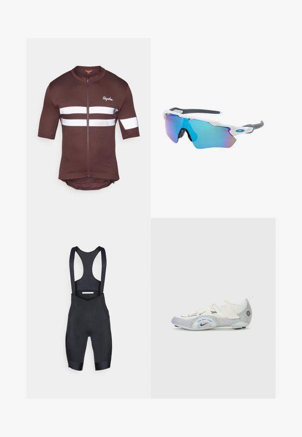 Hnedé cyklistické tričko s krátkym rukávom a plným zipsom, s bielymi reflexnými pruhmi a sieťovanými detailmi. Logo značky umiestnené vpredu.; Čierne cyklistické kraťasy s trakmi vyrobené z elastického materiálu, s nastaviteľnými popruhmi, sieťovaným chrbtom a polstrovaným sedadlom pre pohodlie.; Biele a strieborné cyklistické topánky s priedušným zvrškom, textúrovanými akcentmi, nastaviteľnými popruhmi a gumovou podrážkou pre priľnavosť a stabilitu.; Slnečné okuliare s bielym rámom, so sivými akcentmi a modrými zrkadlovými sklami. Športový dizajn, okrúhly tvar a nastaviteľné nosové podložky.