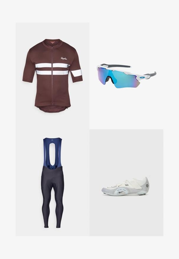 Rudas trumpas rankovėmis dviratininkų maikas su pilnu užtrauktuku, su baltais atspindinčiais dryžiais ir tinklelio akcentais. Prekės ženklo logotipas matomas priekyje.; Rapha MENS CORE WINTER WITH PAD - Tamprės - dark navy/navy; Balti ir sidabriniai dviratininko batai su tinklelio viršumi, tekstūruotais akcentais, reguliuojamais dirželiais ir guminėmis padangomis, užtikrinančiomis sukibimą ir stabilumą.; Akiniai nuo saulės su balta rėmeliu, pilkų akcentų ir mėlynais veidrodiniais objektyvais. Sportiškas dizainas, aplink galvą prilipusios formos ir reguliuojamos nosies pagalvėlės.