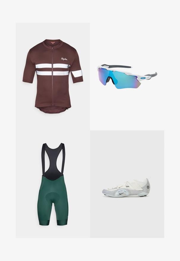 Barna, rövid ujjú kerékpáros mez teljes cipzárral, fehér fényvisszaverő csíkokkal és hálós díszítéssel. A márka logója az elülső részen látható.; Zöld kerékpáros rövidnadrág fekete pántokkal, párnázott chamois résszel és sima felülettel. A dizájn része egy hálós hát, amely szellőzést biztosít.; Fehér és ezüst kerékpáros cipők hálós felsőrésszel, textúrázott díszítésekkel, állítható pántokkal és gumitalppal a tapadás és a stabilitás érdekében.; Fehér keretű napszemüveg, szürke díszítéssel és kék tükörlencsékkel. Sportos dizájn, körbeölelő forma és állítható orrtámasz.
