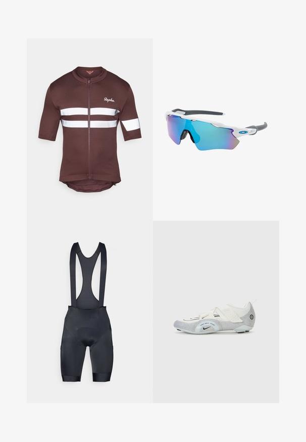 Hnedé cyklistické tričko s krátkym rukávom a plným zipsom, s bielymi reflexnými pruhmi a sieťovanými detailmi. Logo značky umiestnené vpredu.; Čierne cyklové šortky s trakmi a sieťovaným chrbtom, obsahujúce textúrovanú látku, polstrované sedlo a bezšvové otvory na nohách.; Biele a strieborné cyklistické topánky s priedušným zvrškom, textúrovanými akcentmi, nastaviteľnými popruhmi a gumovou podrážkou pre priľnavosť a stabilitu.; Slnečné okuliare s bielym rámom, so sivými akcentmi a modrými zrkadlovými sklami. Športový dizajn, okrúhly tvar a nastaviteľné nosové podložky.