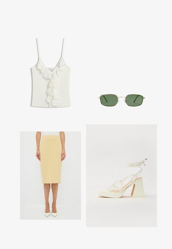 Valkoinen hihaton yläosa, jossa on V-pääntie ja rypytetty yksityiskohta keskellä. Valmistettu pehmeästä, teksturoidusta kankaasta.; adL WITH BACK ZIPPER - Kynähame - yellow; Valkoinen korkokenkä, jossa on paksu korko, ja joka sisältää nauhakiinnityksen ja nilkkaketjun. Sujuva pinta, jossa on platform-etupohja lisäkorkeutta varten.; Aurinkolasit, joissa on kultainen metallikehys, vihreät linssit, suorakulmainen muoto ja kirkkaat muoviset nenätyynyt. Ohut ja hoikka varsi, jossa on minimaalinen muotoilu.