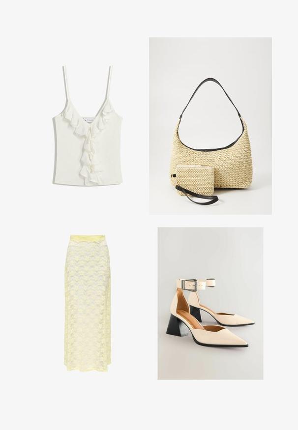 Biely top bez rukávov s výstrihom do V, ktorý má volánové detaily pozdĺž stredu. Vyrobený z mäkkej, textúrovanej tkaniny.; Žltá čipková maxi sukňa s vlnitým vzorom, s hladkým pásom a jemnou, priesvitnou textúrou. Navrhnutá pre vzdušný siluet.; Krémové lakované kožené lodičky na vysokom podpätku s trojuholníkovou špičkou a nastaviteľným remienkom okolo členka. Majú mohutný čierny podpätok a hladkú textúru.; Tkaná slamenná kabelka s prehnutým siluetom, vybavená hladkým čiernym koženým popruhom a zodpovedajúcou malou taštičkou pripevnenou pomocou zápästného popruhu.