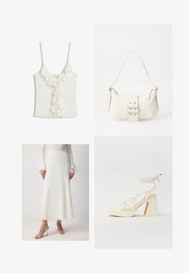 Bela brezrokavnik z V-izrezom, opremljen z nabranimi akcenti navzdol po sredini. Narejen iz mehke, teksturirane tkanine.; Bela, lahka maksi krila iz lahkega blaga z gladko teksturo; ima subtilen rob in je kombinirana z nežnimi belimi salonarji.; Bela sandala na visokih petah s debelim petam, ki ima obliko trakcev in vezanje okoli gležnja. Gladka tekstura z platformo spredaj za dodatno višino.; Bela torbica za rame z teksturirano površino, osrednjo sponko in ukrivljenim oblikovanjem. Zadrge na obeh straneh.