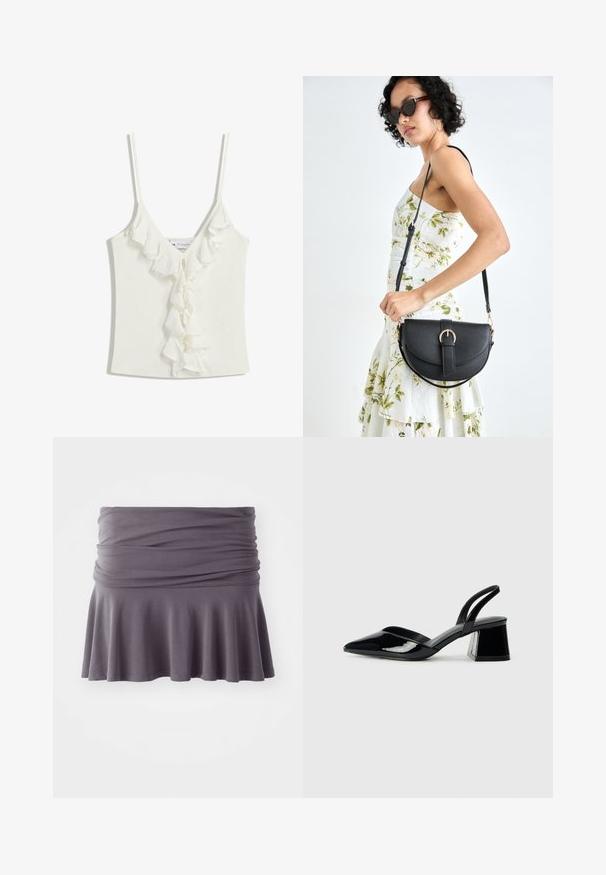 Top bianco senza maniche con scollatura a V, caratterizzato da eleganti balze lungo il centro. Realizzato in un tessuto morbido e strutturato.; Gonna grigia a lunghezza ginocchio realizzata in tessuto morbido con vita arricciata e orlo svasato. Presenta una texture liscia e un design semplice.; Décolleté in vernice nera con punta affusolata e tacco in geometria cubica. Presentano un design elegante e minimalista, con una texture liscia.; Borsa a tracolla nera in pelle con una forma curva, manico rimovibile e accessori dorati. La borsa presenta una patta con un dettaglio a fibbia.