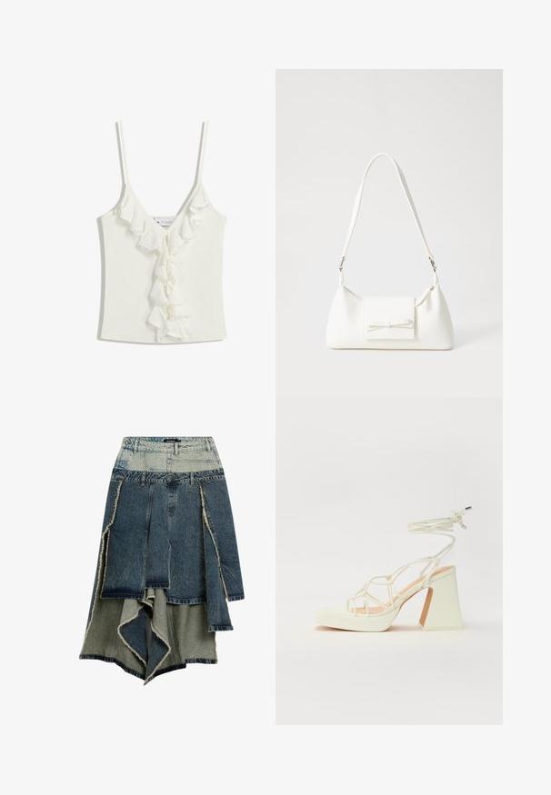 Fehér ujjatlan felső V-nyakkivágással, ráncos díszítéssel a középső részen. Puha, texturált anyagból készült.; Farmertartó szoknya foltvarrásos dizájnnal, változó kék és zöld árnyalatokkal, roncsolt szélekkel, aszimmetrikus alsó résszel és több panelből álló kialakítással.; Fehér, magassarkú szandál vastag sarokkal, pántos dizájnnal és bokapánttal. Sima textúra, elülső platformmal a megnövelt magasság érdekében.; Fehér szintetikus kézitáska, háromszög alakú, lapos előlap, masni részlettel, állítható pánttal, sima textúrával és minimalista dizájnnal.