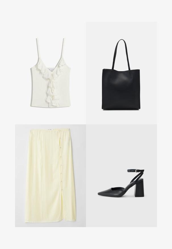 Top alb fără mâneci, cu decolteu în V, având accente volanate pe centru. Confecționat dintr-un material moale, texturat.; Fustă lungă, galben pal, dintr-un material moale, cu fante pe lateral și închidere cu nasture, având o textură netedă și un croi lejer.; Pantofii cu toc ascuțit din piele neagră, cu breteaua pentru glezne și toc gros. Textură netedă, design elegant și estetică minimală.; Geantă tote neagră din piele, cu textură netedă, formă rectangulară și două mânere lungi. Fără hardware vizibil sau ornamente.