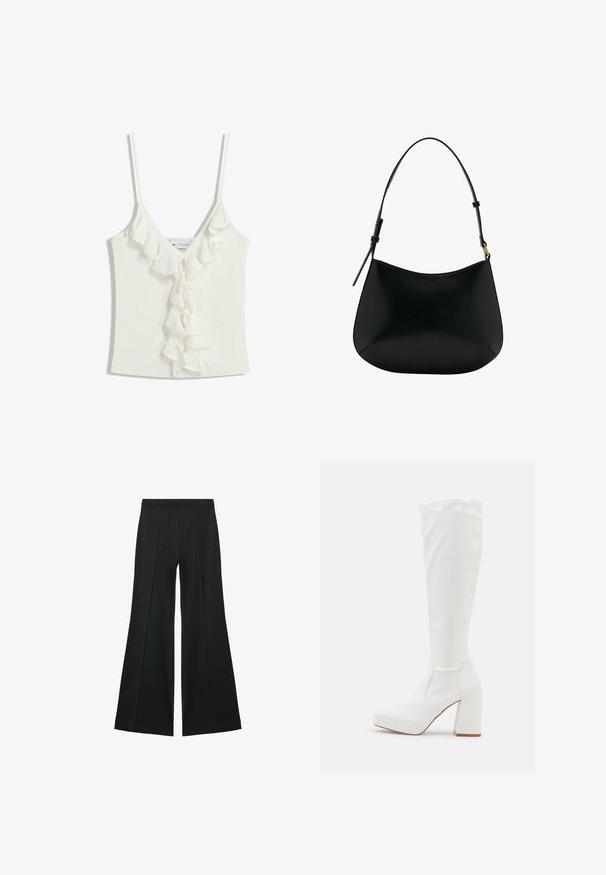 Weißes ärmelloses Oberteil mit V-Ausschnitt, das in der Mitte mit Rüschendetails verziert ist. Hergestellt aus einem weichen, strukturierten Stoff.; Schwarze weit geschnittene Hose mit glatter Textur, ausgestattet mit Frontfalten und einem taillierten Design. Der Stoff ist leicht und fließend.; RAID CANNON - Plateaustiefel - white; Schwarze Ledertasche mit schmalem Design, geschwungener Form und verstellbarem Griff. Verfügt über minimale Nähte und ein schlichtes Design.
