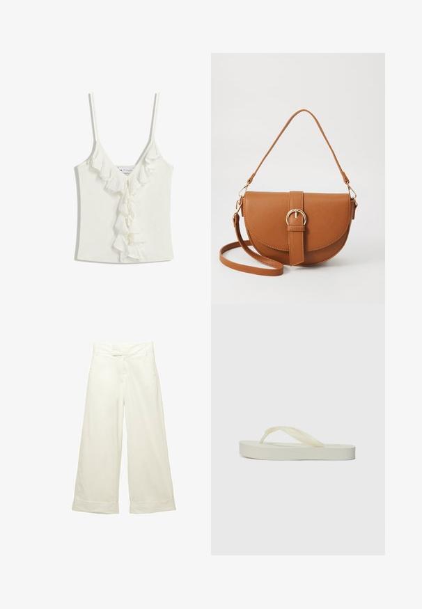 Biely top bez rukávov s výstrihom do V, ktorý má volánové detaily pozdĺž stredu. Vyrobený z mäkkej, textúrovanej tkaniny.; K relaxovaným nohaviciam s širokými nohavicami z jemného krémového materiálu. Obsahujú plochý predný pás a rozrolované manžety. Hladká textúra s čistým, minimalistickým dizajnom.; Svetlo krémové žabky s plochou podrážkou, hrubými textúrovanými popruhmi a hladkým povrchom. Mäkko materiálne, minimalistický dizajn a bez výrazného brandingu.; Hnedá kožená kabelka cez telo s zakriveným tvarom, zlatými kovovými doplnkami a akcentom s prackou. Obsahuje odnímateľný ramenný popruh.