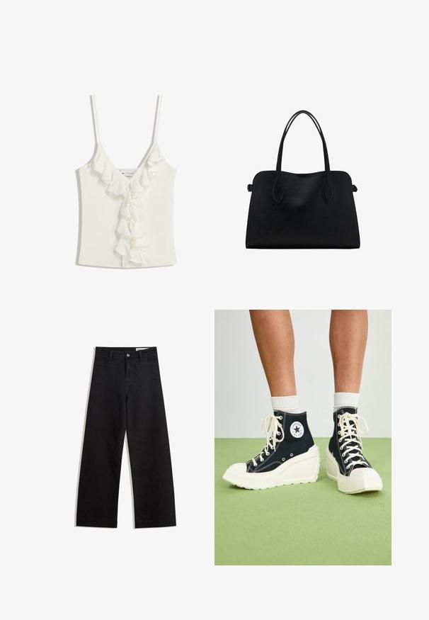 Witte mouwloze top met een V-halslijn, voorzien van ruches langs het midden. Gemaakt van een zachte, gemêleerde stof.; Zwarte denim broek met wijde pijpen en een hoge taille, voorzien van voor- en achterzakken, gestikte naden en een knoopsluiting. Gladde textuur.; Zwarte high-top sneakers met een verhoogde witte plateauzool, voorzien van witte veters en een ronde logopatch aan de zijkant. Textured canvasmateriaal.; Zwarte leren handtas met dubbele schouderriemen, rechthoekige vorm en minimalistisch ontwerp op een witte achtergrond.