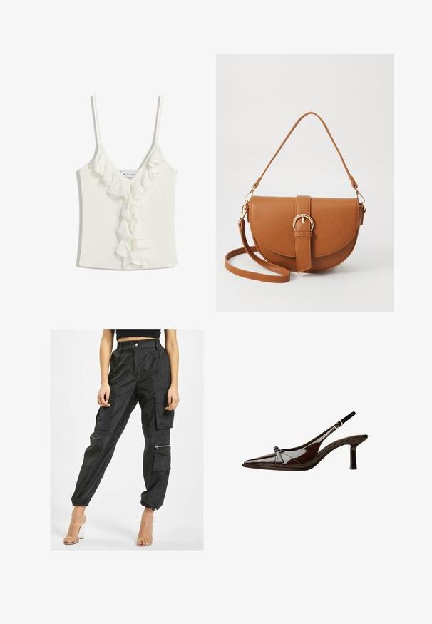 White sleeveless top with a V-neckline, featuring ruffled accents down the center. Made from a soft, textured fabric.; Black cargo pants made from lightweight fabric feature multiple pockets, elastic cuffs, and a zip pocket on the side for added functionality.; Brown patent leather slingback shoe with pointed toe, low heel, and a decorative bow accent on the front. Smooth, shiny texture.; Brown leather crossbody bag with a curved shape, gold hardware, and a buckle accent. Features a detachable shoulder strap.