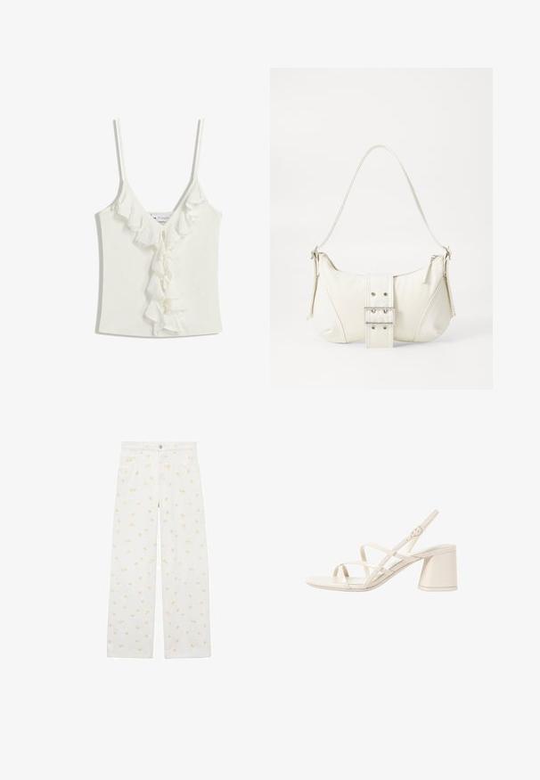 Bela bezrukavna majica s V-izrezom, s naglašenim volanima duž središnjeg dijela. Izrađena od mekog, teksturiranog materijala.; Bijele hlače širokih nogavica od denima, sa svijetlo narančastim cvjetnim uzorkom po cijeloj površini i prednjim džepovima. Dugmad na struku za zatvaranje.; Bežne sandale s petom u bež boji s tankim, ukrštenim trakama, otvorenim nožnim prstima i kvadratnim blok petom. Glatki patentirani finiš, podesiva remenica oko gležnja.; Bijela torbica s teksturiranim završetkom, središnjim detaljem kopče i zakrivljenim oblikom. Rajsferšlusi sa svake strane.