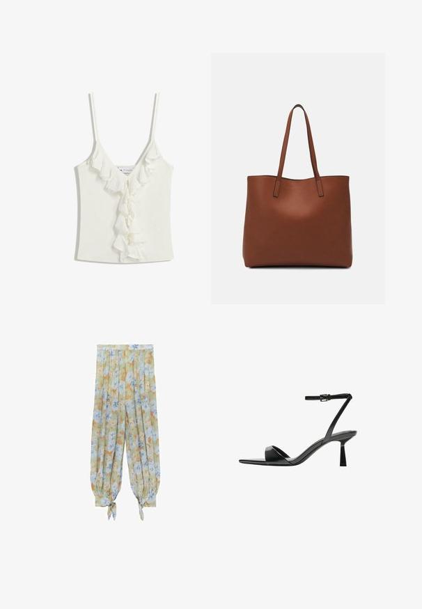 Bela bezrukavna majica s V-izrezom, s naglašenim volanima duž središnjeg dijela. Izrađena od mekog, teksturiranog materijala.; Hlače s cvjetnim uzorkom na svijetlozelenoj pozadini, s plavim i narančastim cvjetovima, elastičnim manžetama i vezanim detaljima na gležnjevima.; Bershka Sandale s visokom petom - black; Smeđa kožna torba preko ramena s glatkom teksturom, otvorenim vrhom i dvjema naramenicama. Ima minimalne šavove i nema vidljivog hardvera.