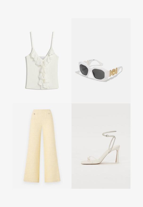 Fehér ujjatlan felső V-nyakkivágással, ráncos díszítéssel a középső részen. Puha, texturált anyagból készült.; Textúrált sárga anyagból készült, bővérű nadrág. Két elülső zsebbel és fémből készült gombdíszítéssel rendelkezik. Tiszta, minimalista dizájn.; Fehér magassarkú szandál vékony bokapánttal és két elülső pánttal. Simas bőr textúra, négyzet alakú orr, fényes sarokkal.; Fehér nyolcszögletű napszemüveg sötét lencsékkel. Arany hardware részletekkel és texturált kialakítással a szárakon.; Beige színű textil bevásárlótáska barna mintás kiegészítőkkel. Ívelt forma jellemzi, egyetlen pánttal rendelkezik, és elöl egy logópanel található ezüst fém kiegészítőkkel.