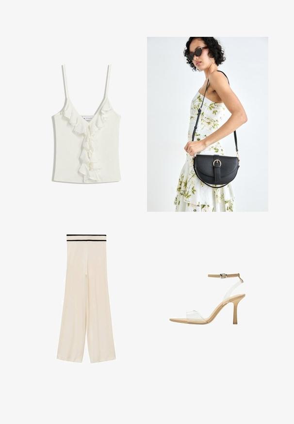 Bela brezrokavnik z V-izrezom, opremljen z nabranimi akcenti navzdol po sredini. Narejen iz mehke, teksturirane tkanine.; Mango Hlače - off-white; Sandal z jasnim petnikom s prozornim zgornjim delom, bež podplatom in sivim trakcem okoli gležnja. Ima koničast nos in tanek visoki petek.; Črna usnjena torbica s ukrivljeno obliko, z odstranljivo naramnico in zlatimi dodatki. Torbica ima pokrov s podrobnostmi v obliki zaponke.