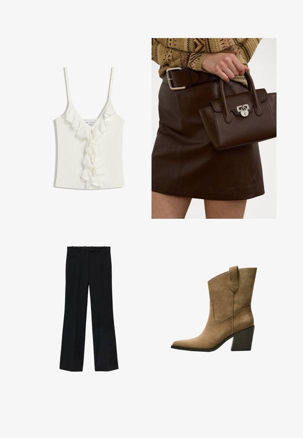 Bela brezrokavnik z V-izrezom, opremljen z nabranimi akcenti navzdol po sredini. Narejen iz mehke, teksturirane tkanine.; Črne hlače s ravnim krojem, izdelane iz gladkega materiala. Imajo pas z zankami za pas in brez vidnih oznak ali okraskov.; Rjavĵoj usnjeni kavbojski škornji s koničastim nosom, ki prikazujejo srednje visoko blokasto peto in preprosto šivanje ob stranskih šivih.; Brahno usnjeni torbici z teksturirano površino in srebrnim okovjem, ki jo drži roka ob rjavem usnjenem krilu in vzorčastem puloverju.