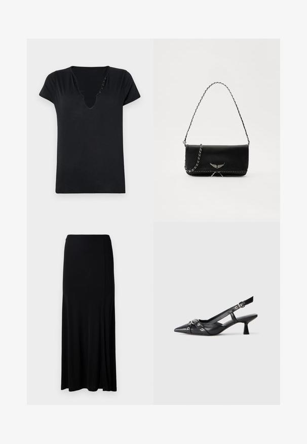 Must lähedane t-särk sügava V-kaelusega ja viie dekoratiivse nööbiga kaeluses. Sile kangas ja mugav istuvus.; Musthave muströöp, mis on valmistatud siledast kangast, külje lõhega, elastse vöökoha ja sirge lõikega minimalistlikuks disainiks.; Must must have must toote tõmblukuga, dekoratiivsed rihmad metallist silmadega ja madal blokk-kand. Tekstureeritud pind.; Mustvalge nahk käekott hõbedase ahelsanga ja dekoratiivsete tiivaaktsentidega, samuti valgete õmblustega alumises ühenduses.