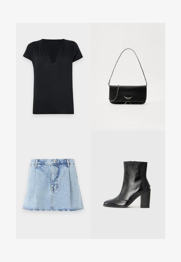 Sort kortærmet t-shirt med dyb V-hals og fem dekorative knapper langs halsudskæringen. Glat stof med en afslappet pasform.; Kort denimnederdel i lys blå, med figursyet talje, plisseret front og subtil falming. Klassisk fem-lomme design med metalknap.; Sorte læder ankelstøvler med en glat overflade, spids tå og en chunky høj hæl. Har en sidelukning og minimalistisk design.; Sort læderhåndtaske med en sølv kædestrop, der har dekorative vingedetaljer og hvid syning langs bunden.