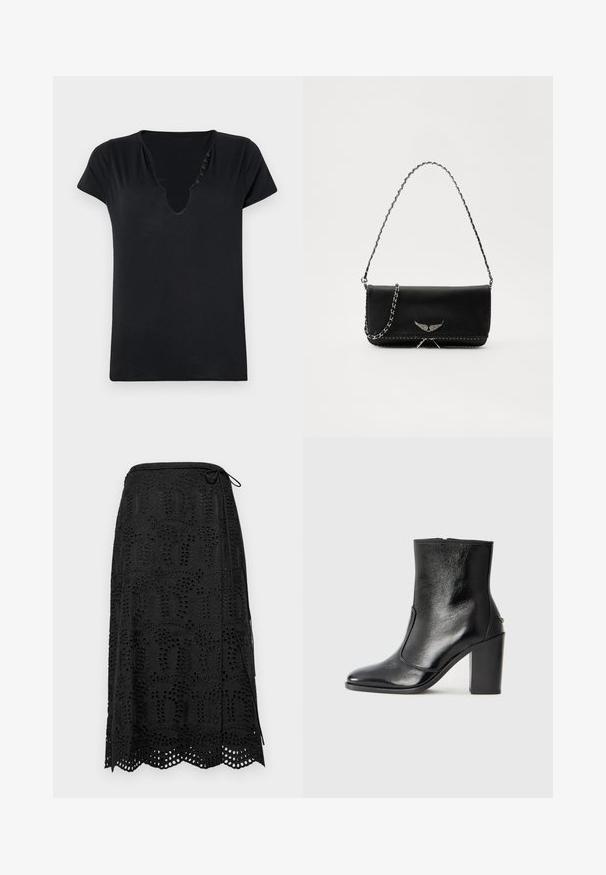 Čierne tričko s krátkym rukávom a hlbokým výstrihom do V so piatimi ozdobnými gombíkmi pozdĺž výstrihu. Hladká látka s voľným strihom.; Čierna sukňa s zložitým čipkovým detailom, s vlnkovaným lemom a viazaním v páse. Vyrobená z ľahkého materiálu.; Čierna kožená kotníková obuv s hladkým povrchom, špicatou špičkou a masívnym vysokým podpätkom. Zdobená bočným otvorom a minimalistickým dizajnom.; Čierna kožená kabelka so strieborným reťazovým popruhom, so zdobnými krídelnými akcentmi a bielym prešívaním pozdĺž dolného švu.