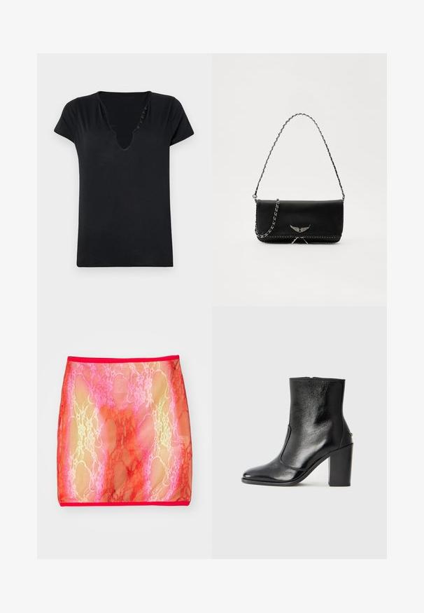 Zwart t-shirt met korte mouwen, diep V-hals en vijf decoratieve knopen langs de halslijn. Glad materiaal met een ontspannen pasvorm.; Doorzichtige kanten minirok met eenGradient van roze en rood, met een bloemenpatroon, afgewerkt met een effen rode tailleband.; Zwarte leren enkelboot met een gladde textuur, spitse neus en een gedurfde hoge hak. Beschikt over een zijopening en een minimalistisch ontwerp.; Zwarte leren handtas met een zilveren kettingband, voorzien van decoratieve vleugelaccenten en witte stiksels langs de onderste naad.