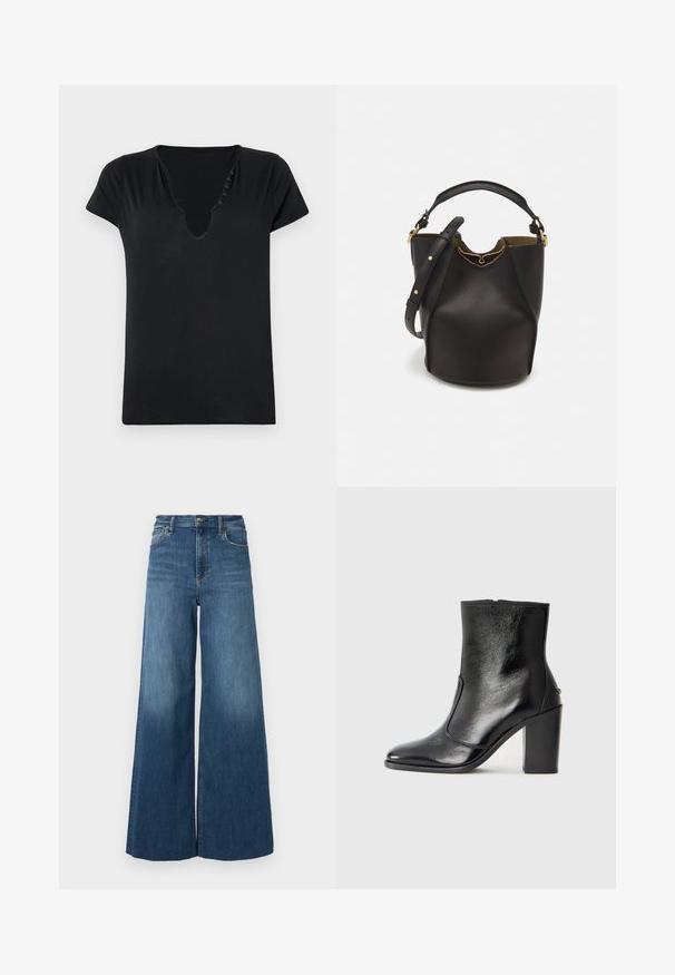 Black short-sleeve t-shirt with a deep V-neck and five decorative buttons along the neckline. Smooth fabric with a relaxed fit.; rag & bone FLEXI SOFIE HIGH RISE FULL LENGTH WIDE - Relaxed fit jeans - willow; Black leather ankle boot with a smooth texture, pointed toe, and a chunky high heel. Features a side opening and minimalistic design.; Black leather bucket bag with a textured finish, gold hardware accents, and an open top. Features a short handle and adjustable shoulder strap.