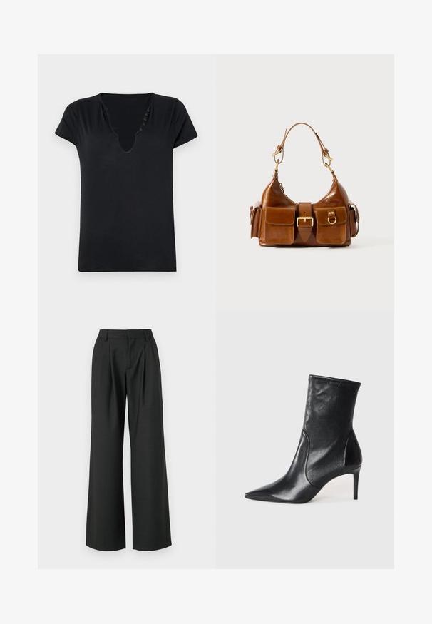 Fekete rövid ujjú póló mély V-nyakkal és öt díszítő gombbal a nyakvonal mentén. Simaszerkezetű anyag, laza szabású.; Won Hundred CAMILLE TROUSERS - Nadrágok - licorice; Fekete bokacsizmák sima bőrből, hegyes orral, illeszkedő sínnel és karcsú, magas sarokkal. Minimalista dizájn, amelyen nincs látható fém munka.; Barna bőrtáska ívelt formával, dupla aranyszínű fémhardverrel, két elülső zsebbel és széles pánttal. Simán textúra elegáns kivitelben.