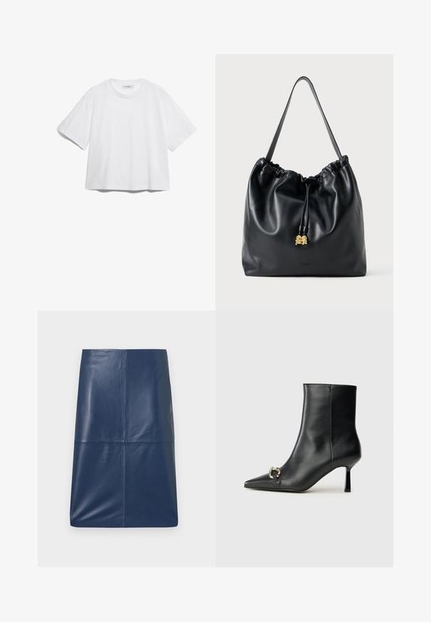 Hvit bomull t-skjorte med korte ermer, rund hals, avslappet passform og uten synlige mønstre eller grafikk. Glatt tekstur og enkelt design.; Marine lærpennskjørt med en glatt, glansfull tekstur, som har et enkelt, strømlinjeformet design og rett snitt. Ingen synlig maskinvare.; Sorte lær ankle boot med spiss tå, slank mid-høyde hæl og sølvspenne på siden mot en enkel bakgrunn.; Svart lær trekksekk med en glatt tekstur, samlet topp og subtilt gullbeslag. Har en enkelt solid stropp og preget logo.