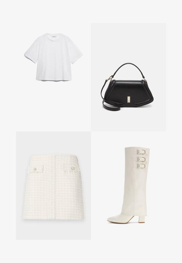 Hvid bomulds t-shirt med korte ærmer, rund halsudskæring, afslappet pasform og ingen synlige mønstre eller grafik. Glat tekstur og enkelt design.; Hvid tweed mini-skort med et tekstureret, ternet mønster. Har to frontlommer med klap og dekorative knapper. Lige nederkant design.; Knæhøj hvid læderstøvle med spids tå, tre metalliske spænde detaljer og en firkantet blokhælhøj. Glat tekstur, minimalistisk design.; Sort læderhåndtaske med en struktureret design, der har en kortet form, tophåndtag og guld hardware-accenter. Justerbar skulderrem inkluderet.