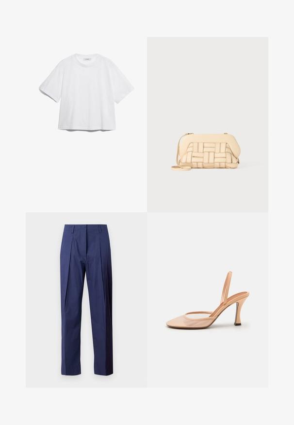 Bílý bavlněný tričko s krátkými rukávy, kulatým výstřihem, volným střihem a bez viditelných vzorů nebo grafik. Hladká textura a jednoduchý design.; Námořnické modré kalhoty z lehkého materiálu, se rovnou siluetou, předními sklady a hladkou texturou.; Nude síťované sandály na podpatku s špičatou špičkou, úzkým páskem kolem kotníku a stiletto podpatkem s černým akcentem na základně.; Tkaná béžová dámská kabelka se strukturovaným designem, která má hladký vršek a dlouhý popruh. Texturované detaily zvyšují celkový vzhled.