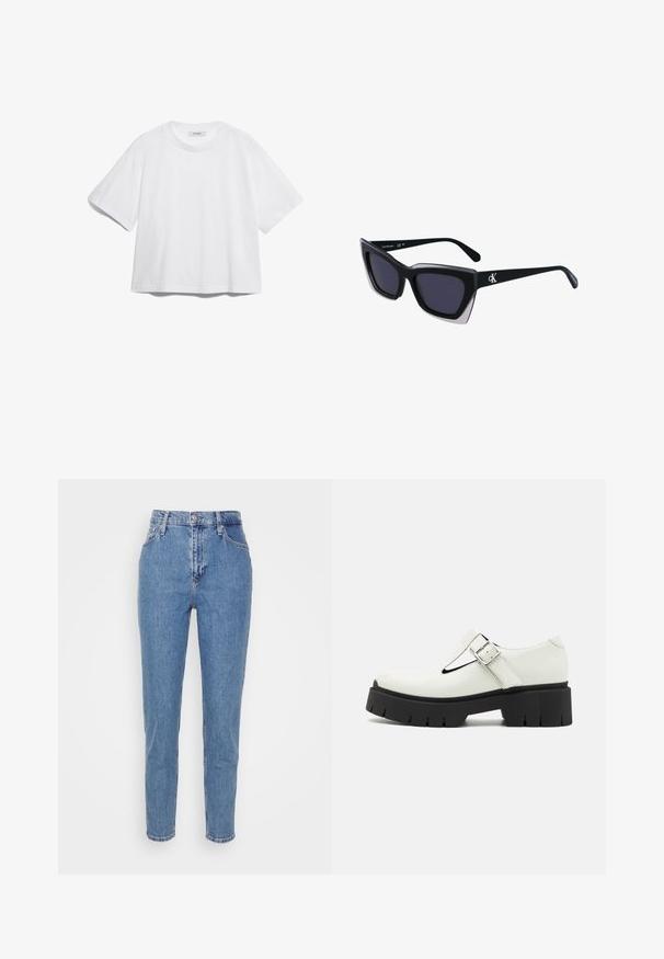 Bílý bavlněný tričko s krátkými rukávy, kulatým výstřihem, volným střihem a bez viditelných vzorů nebo grafik. Hladká textura a jednoduchý design.; Modré vysoké džíny s rovným střihem, s předním knoflíkem a zipem, poutky na opasek a kapsami, vystavené na jednoduchém bílém pozadí.; Bílé lakované kožené boty s T-páskovým designem, stříbrnou sponou, silnou černou gumovou podrážkou a texturovanými detaily na podpatku a podrážce.; Černé oversized sluneční brýle geometrického tvaru, s tmavými skly a kontrastním šedým detailem na rámu. Logo na rameni.; Stříbrné kovové náušnice s hladkým tvarem slzy a lesklým povrchem. Jemné rytiny přidávají detail. Minimalistický design.