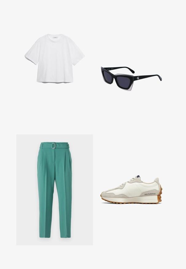 Fehér pamut póló rövid ujjal, kerek nyakkivágással, laza fazonnal, és nincsenek rajta látható minták vagy grafikák. Sima textúra és egyszerű dizájn.; Tengeréskék nadrág, testreszabott fazonnal, széles derékrésszel és ezüst csattal, elülső plisszírozással és szűkített lábbal, a kifinomult megjelenésért.; Fehér és bézs sportcipő sima bőr felsőrésszel és velúr díszítésekkel. Kerek cipőfűzőkkel, párnázott talppal és texturált gumitalppal rendelkezik.; Fekete, nagyméretű napszemüveg geometrikus formával, sötét lencsékkel és kontrasztos szürke részlettel a kereten. Logó a szárán.; Ezüst fém fülbevalók sima, csepp alakú formával és fényes felülettel. Finom gravírozások teszik részletessé. Minimalista dizájn.