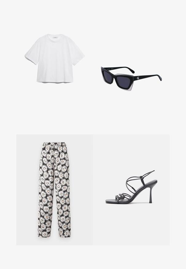 Tricou alb din bumbac, cu mâneci scurte, guler rotund, croială confortabilă și fără modele sau grafice vizibile. Textură netedă și design simplu.; Pantaloni negri cu talie elastică, cu un model de margarete alb și portocalie, confecționați dintr-un material ușor, cu o textură netedă.; Sandale negre cu toc înalt au curele subțiri cu un design legat, un vârf pătrat neted și un toc stiletto elegant.; Ochelari de soare supradimensionați, negri, cu o formă geometrică, având lentile întunecate și un detaliu gri contrastant pe ramă. Logo pe braț.; Cercei rotunzi din argint cu un finisaj neted și strălucitor. Design ușor, având o formă rotundă și închidere cu tijă.
