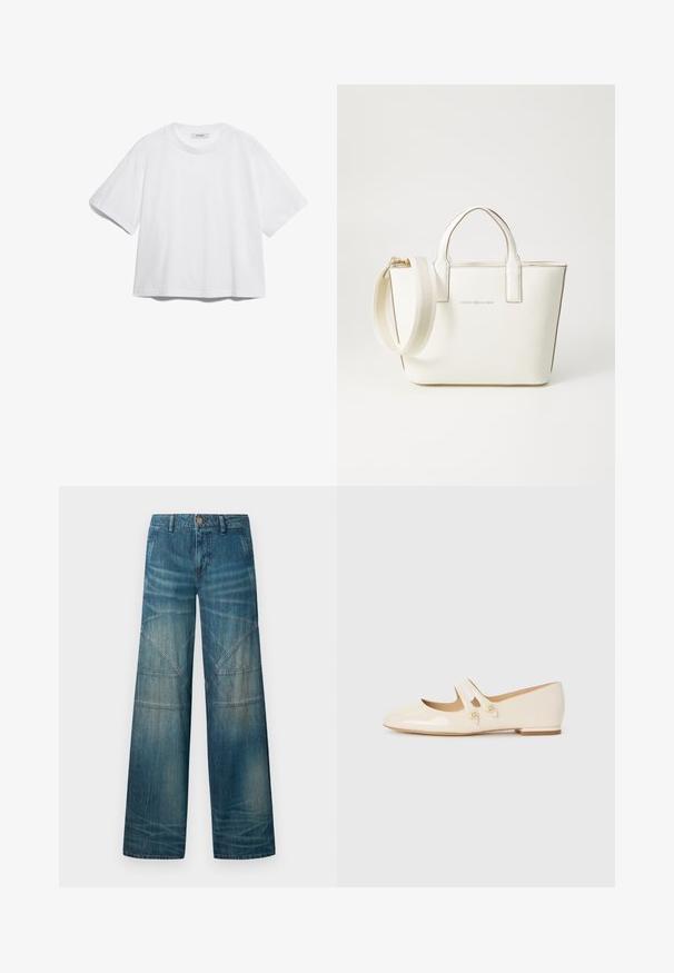 Witte katoenen T-shirt met korte mouwen, ronde halslijn, losse pasvorm en geen zichtbare patronen of afbeeldingen. Effen textuur en eenvoudig ontwerp.; Wijdvallende spijkerbroeken in medium blauw, met een vervaagde afwerking, patchwork naden en een klassieke vijf-pocket design met een knoopsluiting.; Ivory patenten leren ballet flats met twee decoratieve banden en gouden knopen, met een ronde neus en een lage blokhak.; Witte faux leren handtas met korte handvaten, verstelbare schouderriem en gouden hardware; heeft een subtiele logo aan de voorkant.