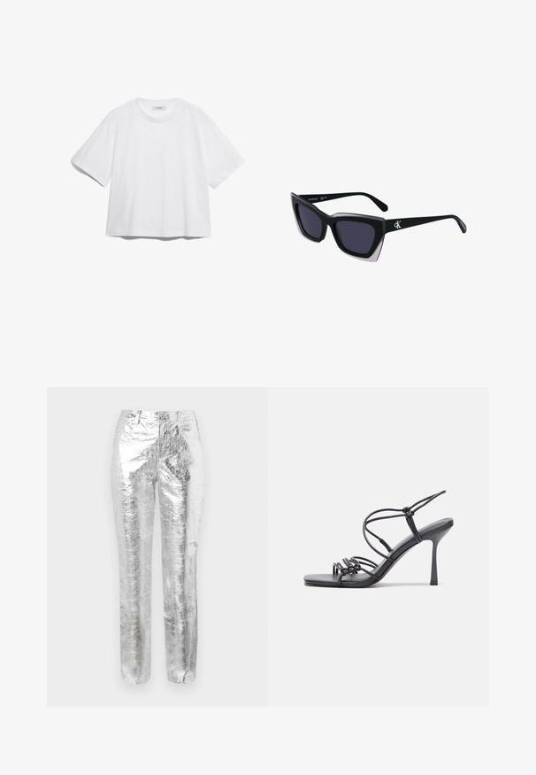 T-shirt en coton blanc avec des manches courtes, un col rond, une coupe décontractée, et sans motifs ni graphiques visibles. Texture lisse et design simple.; Pantalons métalliques argentés avec une texture plissée. Design à jambes droites, poches avant, et fermeture à glissière. Surface lisse et réfléchissante.; Des sandales noires à talons hauts avec des fines lanières au design noué, un bout carré lisse et un talon aiguille élégant.; Lunettes de soleil noires surdimensionnées avec une forme géométrique, dotées de verres foncés et d'un détail gris contrastant sur la monture. Logo sur la branche.; Boucles d'oreilles en métal argenté avec une forme larmoyante lisse et une finition polie. Des gravures subtiles ajoutent des détails. Design minimaliste.