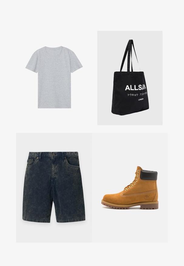 Hallide lühikeste varrukatega t-särgid, mis on valmistatud pehmest puuvillasegus, klassikalise ümmarguse kaeluse ja sujuva, kerge tekstuuriga.; Tumedatest sinisest korduurist lühikesed püksid, millel on nööp sulgemine, kaks eesmist taskut ja kanga vahel diskreetsed heledamad triibud.; Küpset tan suede sääreboot musta pehmea kraega, kuldsed metallist silmad, valge õmblemise detailid ja robustne kummist tallaga, millel on väljendunud mustrid.; Mustast lõuendist õlakott kahe pika sangaga, millel on valge tekst "ALLSAINTS" ja lisatähtedega moodne font.