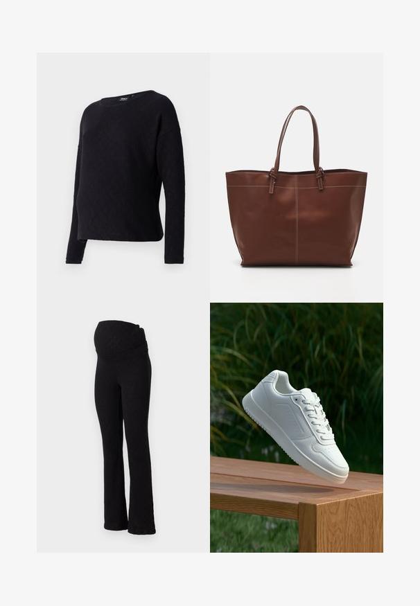 Black long-sleeve sweater with a diamond textured pattern, crew neckline, and loose fit. Fabric appears soft and slightly textured.; Black maternity leggings featuring a textured diamond pattern, wide waistband for support, and a flared bottom design.; White sneaker with a smooth synthetic upper, perforated toe box, flat laces, and a textured sole, displayed on a wooden surface.; Brown leather tote bag with double handles, features contrast stitching and a spacious design, suitable for everyday use.