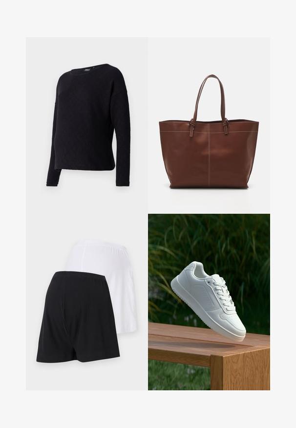 Črn dolg rokav pulover z diamantskim teksturnim vzorcem, okroglim izrezom in ohlapnim krojem. Tkanina se zdi mehka in nekoliko teksturirana.; Črno-bela rebrasta kratka hlače z elastičnim pasom; črna na levi, bela na desni. Gladka tekstura in dolžina nad kolenom.; Bela teniska s gladkim sintetičnim zgornjim delom, perforiranim prednjim delom, ravnimi vezalkami in teksturiranim podplatom, prikazana na leseni površini.; Rjava usnjena torba z dvema ročajema, z kontrastnim šitjem in prostornim dizajnom, primerna za vsakodnevno uporabo.