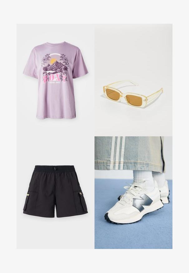 Fialové tričko vyrobené z bavlny, s grafikou hôr, slnka a listov. Názov značky "ROXY" je výrazne zobrazený v ružovej farbe.; Čierne šortky s elastickým pásom, obsahujúce dve bočné vrecká so záklopkami. Vyrobené z ľahkého materiálu, ponúkajú praktický dizajn.; Biele atletické tenisky so strieborným akcentom, textúrovanou tkaninou a hladkou kožou; s čiernou gumovou podrážkou a šnúrkami.; Obdĺžnikové slnečné okuliare s priehľadnými žltými rámami a hnedými sklami. Ramienka obsahujú jemné značenie a majú hladký, lesklý povrch.