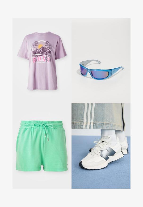 Vaaleanlila T-paita, joka on valmistettu puuvillasta. Siinä on graafinen kuva vuorista, auringosta ja kasvillisuudesta. Brändin nimi "ROXY" on erottuvasti esillä vaaleanpunaisena.; Vihreät mintun väriset shortsit, jotka on valmistettu pehmeästä materiaalista. Niissä on elastinen vyötärö, jossa on säädettävä naru ja sivutaskut.; Valkoiset urheilukengät hopea-akcentilla, teksturoitua kangasta ja sileää nahkaa; mustalla kumipohjalla ja nauhoilla varustettuna.; Sinivihreät aurinkolasit, joissa on läpinäkyvä kehys, peililinssit, jotka näyttävät gradienttiväriltään, ja urheilullinen muotoilu, joka takaa turvallisen istuvuuden aktiviteettien aikana.