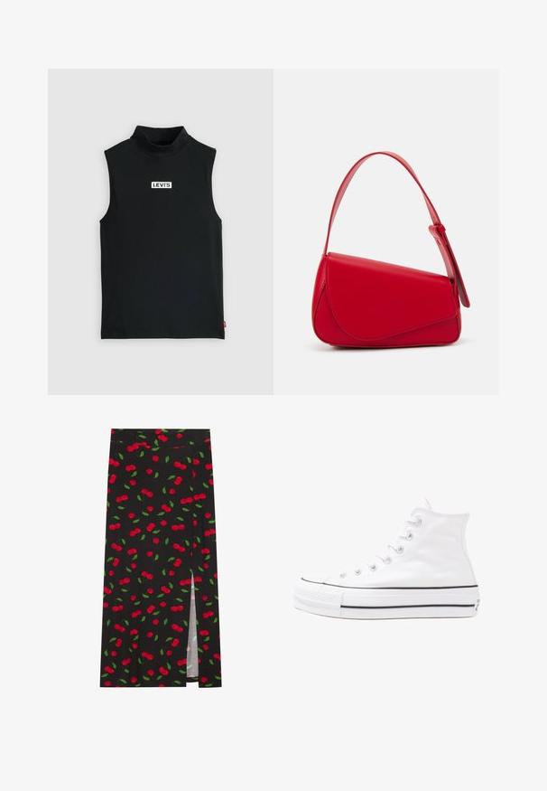 Black sleeveless turtleneck top made of stretch fabric, featuring a central white Levi's logo on a rectangular patch, with smooth texture.; Black skirt featuring a cherry print with red cherries and green leaves. Includes a side slit for added design detail.; White high-top canvas sneaker with black rubber sole, front rubber toe cap, and six eyelets for laces, featuring a clean, minimalist design.; Red leather handbag with an angular, geometric design. Features a single adjustable strap and a flap closure with stitched detailing.