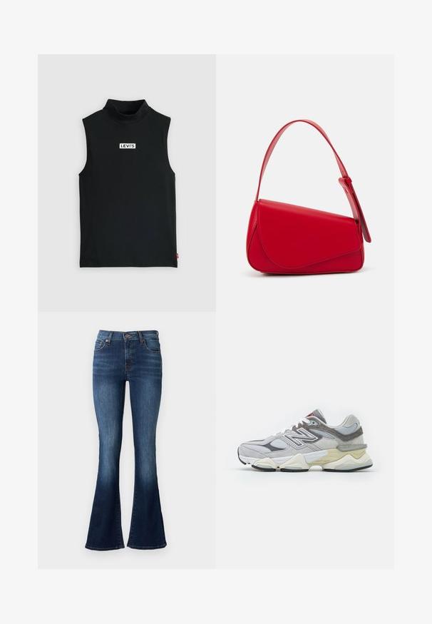 Melna bez piedurknēm turtlenecks krekls, izgatavots no elastīga auduma, ar centrālo balto Levi's logo uz taisnstūra patche, ar gludu tekstūru.; Zilās platās džinsus izgatavoti no denima. Ievērojams augsts viduklis, piecas kabatas un nedaudz izbalējusi apmale. Šūšana kontrastējošā krāsā.; Pelēki zamšā un tīkla sporta apavi ar biezu baltu un bēšīgu zoli, ar izteiktu baltu logotipu un sarkaniem akcentiem.; Sarkans ādas rokassomi ar stūrainu, ģeometrisku dizainu. Iekļauj vienu regulējamu siksnu un vāku ar izšūtu detaļu.