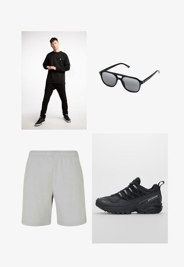 Svart långärmad skjorta med en liten gul logotyp, kombinerad med svarta jeans och svarta sneakers med vita sulor.; Ljusgrå shorts i mjukt bomullstyg, med resårmidja. Designen är enkel med sömmar i nederkant och utan fickor.; Svarta sportskor med ovandel i mesh, gummisula och reflexdetaljer. Har en dämpad sula och snörning.; Svarta solglasögon med rektangulära bågar, gråtonade linser och en design med urtag i näsbryggan. Slank, glänsande plastmaterial, med smala skalmar.