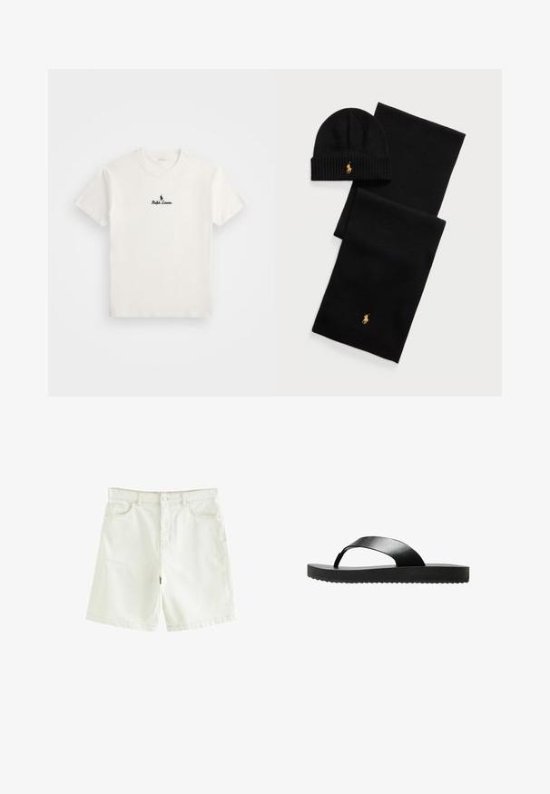 White cotton t-shirt featuring a black embroidered logo of a polo player and the text "Ralph Lauren" on the chest. Short sleeves, crew neck.; White denim shorts with a straight cut, featuring five pockets, a front button closure, and visible stitching. Smooth texture.; Black flip-flop sandal with a flat sole, made from sleek material. Features a minimalist design with a single strap and textured underside.; Black knit beanie and scarf set. Features ribbed texture and gold logo accents. Soft fabric with a sleek design, suitable for cold weather.