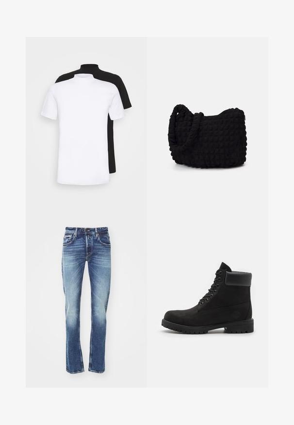 Två kortärmade t-shirts, en vit och en svart, med design i hög hals tillverkade av mjukt bomullsmaterial.; Blå denimjeans med rakt ben, lätt blekning, femficksdesign och kontrasterande sömnadsdetaljer.; Svart snörkänga med vadderad krage och slitstark sula, visad i profil mot en vit bakgrund.; Svart tygväska med en strukturerad, vadderad yta. Rund form, korta, tjocka handtag och en mjuk, flexibel struktur.