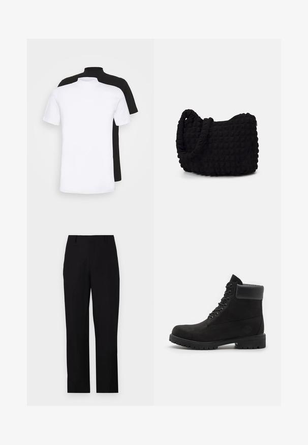 To korteermede t-skjorter, en hvit og en svart, med høyt halsdesign laget av mykt bomullsmateriale.; Sorte bukser med rett passform. Laget av glatt stoff, med flat front, beltehemper og sidelommer. Enkel design, uten synlige mønstre.; Sorte snøresko til ankelen med polstret krage og solid såle, vist i profil mot en hvit bakgrunn.; Svarte tekstilveske med en strukturert, quiltet mønster. Rund form, korte, tykke håndtak og en myk, fleksibel struktur.