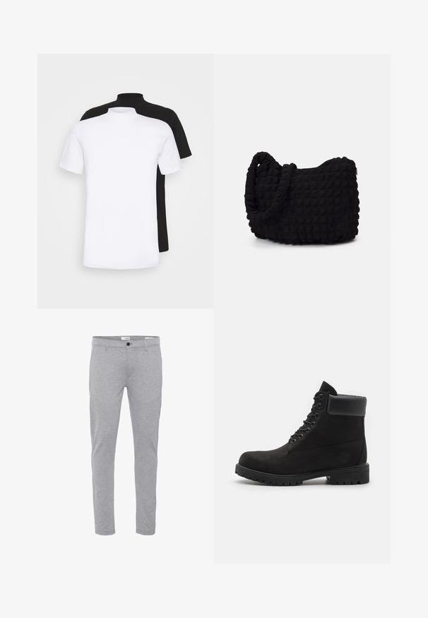 Deux t-shirts à manches courtes, un blanc et un noir, avec un design à col haut, fabriqués en coton doux.; Pantalons en coton mélangé gris avec une coupe slim, dotés d'un zip sur le devant, d'une fermeture à bouton et de poches classiques pour la fonctionnalité.; Bottine noire à lacets avec col rembourré et semelle robuste, présentée de profil sur fond blanc.; Sac en tissu noir avec un motif texturé et matelassé. Forme arrondie, poignées courtes et épaisses, et structure souple et flexible.