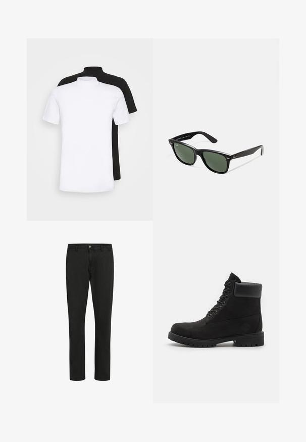 Deux t-shirts à manches courtes, un blanc et un noir, avec un design à col haut, fabriqués en coton doux.; Pantalons en coton noir à coupe droite, fermeture à bouton sur le devant et deux poches latérales ; texture lisse avec un design minimaliste.; Bottine noire à lacets avec col rembourré et semelle robuste, présentée de profil sur fond blanc.; Lunettes de soleil en plastique noir avec verres verts, monture carrée, accent argenté sur le sourcil et branches texturées. Marque indiquée sur l'intérieur de la branche.
