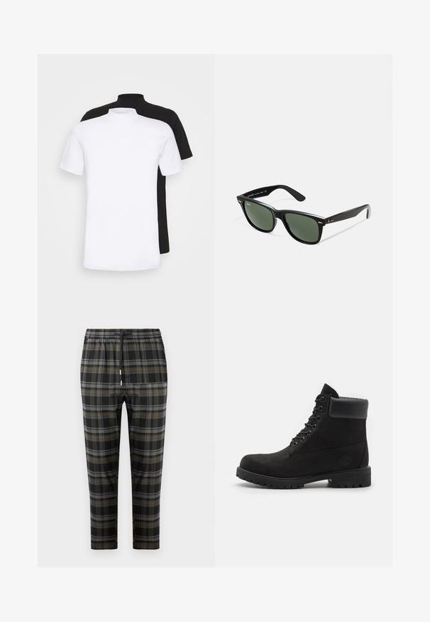 Kaksi lyhythihaista t-paitaa, yksi valkoinen ja yksi musta, joissa on korkea kaula-aukko ja ne on valmistettu pehmeästä puuvillamateriaalista.; Musta ruudullinen housut harmaan ja oliivinvihreän kuvioinnin kanssa. Varusteena joustava vyötärö nauhalla ja kapenevat lahkeet. Pehmeä kangas.; Mustat nauhalla kiinnitettävät nilkkurit, joissa on pehmustettu kaulus ja jämäkkä pohja, esitettynä profiloituna valkoista taustaa vasten.; Mustat muoviset aurinkolasit, joissa on vihreät linssit, neliönmuotoiset kehykset, hopeinen yksityiskohta kulmakarvojen kohdalla sekä tekstuuriset temppeleiden varret. Brändi ilmoitettu sisävarsissa.