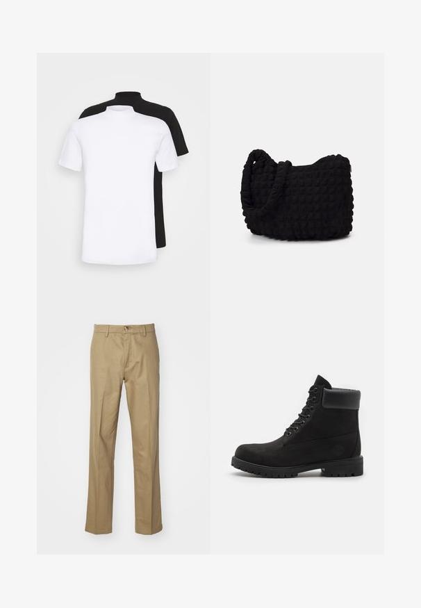 Två kortärmade t-shirts, en vit och en svart, med design i hög hals tillverkade av mjukt bomullsmaterial.; Beiga byxor gjorda av ett slätt tyg. Raka ben med knäppning. Har bältesloopar och en klassisk passform för en mångsidig look.; Svart snörkänga med vadderad krage och slitstark sula, visad i profil mot en vit bakgrund.; Svart tygväska med en strukturerad, vadderad yta. Rund form, korta, tjocka handtag och en mjuk, flexibel struktur.