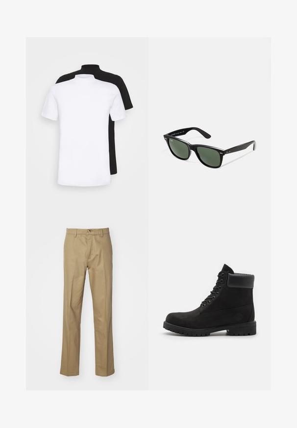 Twee kortemouw t-shirts, één wit en één zwart, met een hooghals ontwerp gemaakt van zachte katoen.; Beige broek gemaakt van gladde stof. Rechte pijpen met een knoopsluiting. Voorzien van riemlussen en een klassieke pasvorm voor veelzijdig draagcomfort.; Zwarte enkellaars met vetersluiting, voorzien van een gevoerde kraag en een robuuste zool, weergegeven in profiel tegen een witte achtergrond.; Zwarte plastic zonnebril met groene lenzen, vierkante montuur, zilveren accent op de wenkbrauw en een gestructureerde tempel. Merken vermeld op de binnenkant van de arm.