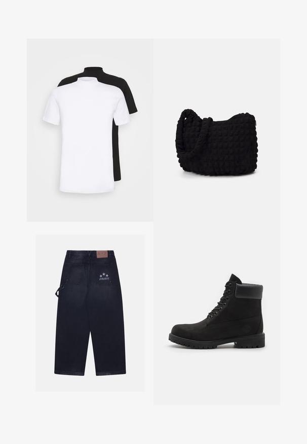 Dos camisetas de manga corta, una blanca y otra negra, con un diseño de cuello alto, hechas de suave material de algodón.; Pantalones de mezclilla oscura con un ajuste holgado. Presenta dos bolsillos traseros, un parche de cuero con el logo y un diseño de cinco estrellas en uno de los bolsillos.; Botín negro con cordones hasta el tobillo, con cuello acolchado y suela resistente, mostrado de perfil sobre un fondo blanco.; Bolsa de tela negra con un patrón texturizado y acolchado. Forma redondeada, asas cortas y gruesas, y una estructura blanda y flexible.